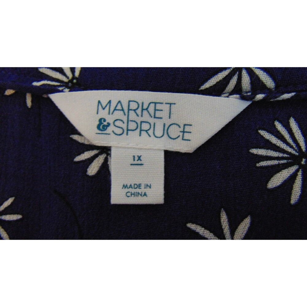 Market & Spruce Blue Floral V-Neck Blouse top Women's 1x Roll Tab Flowy Ditsy - Picture 7 of 9